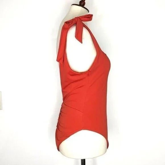 Phax One Piece Swimsuit L Low Back Cheeky Tie Shoulders Rust Orange NEW - Picture 4 of 12